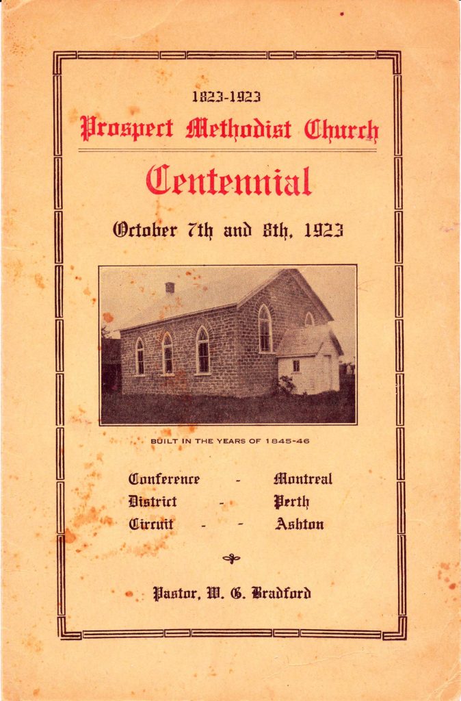Prospect Methodist Church Centennnial Service Booklet, page 1.